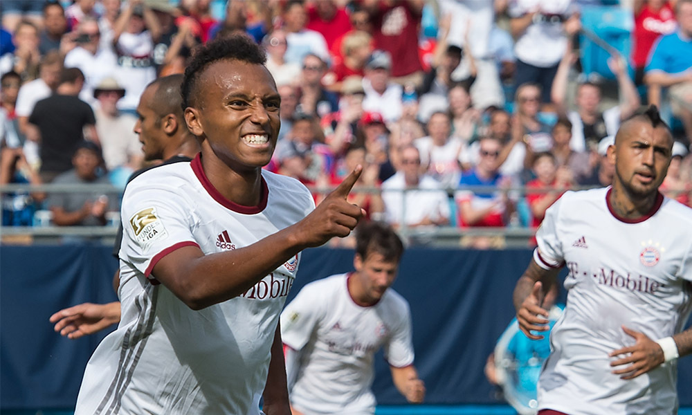 Bayern Munich's Julian Green celebrates scoring his first goal against Inter Milan during an International Champions Cup match in Chatrlotte, North Carolina, on July 30, 2016. / AFP PHOTO / NICHOLAS KAMMNICHOLAS KAMM/AFP/Getty Images ORIG FILE ID: AFP_DQ0O2