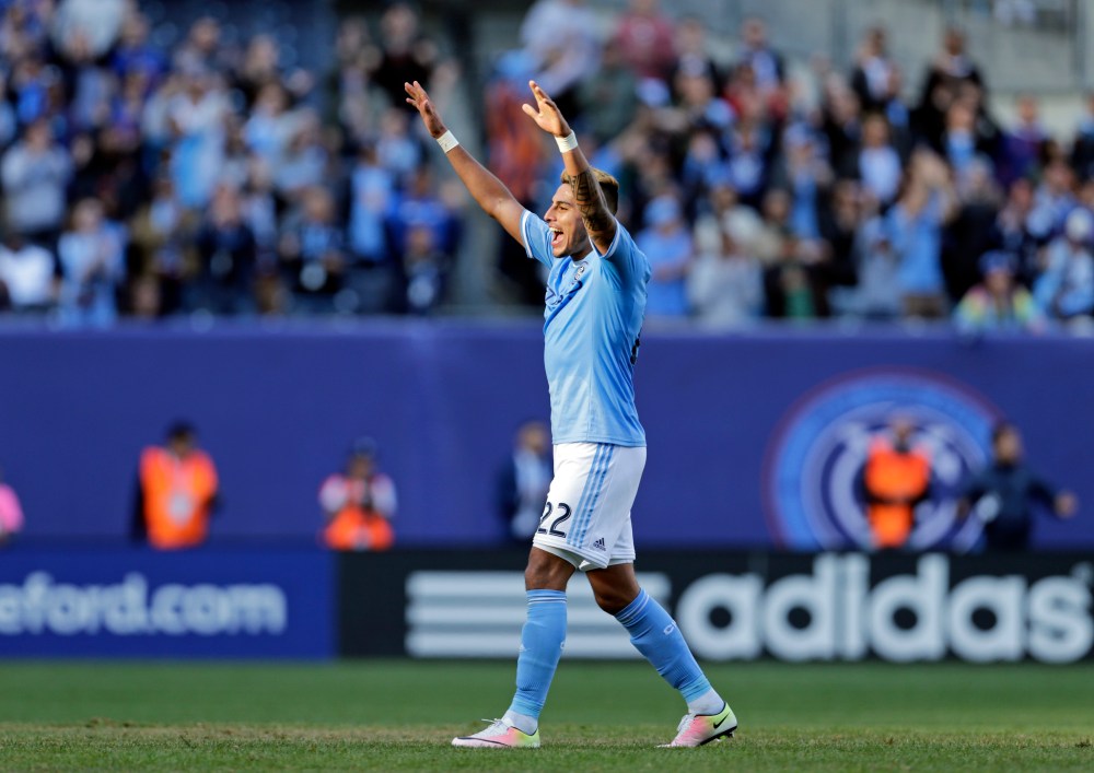 Apr 30, 2016; New York, NY, USA; New York City FC defender Ronald Matarrita (22) reacts after defeating the Vancouver Whitecaps at Yankee Stadium. New York City FC defeated the Whitecaps 3-2. Mandatory Credit: Adam Hunger-USA TODAY Sports