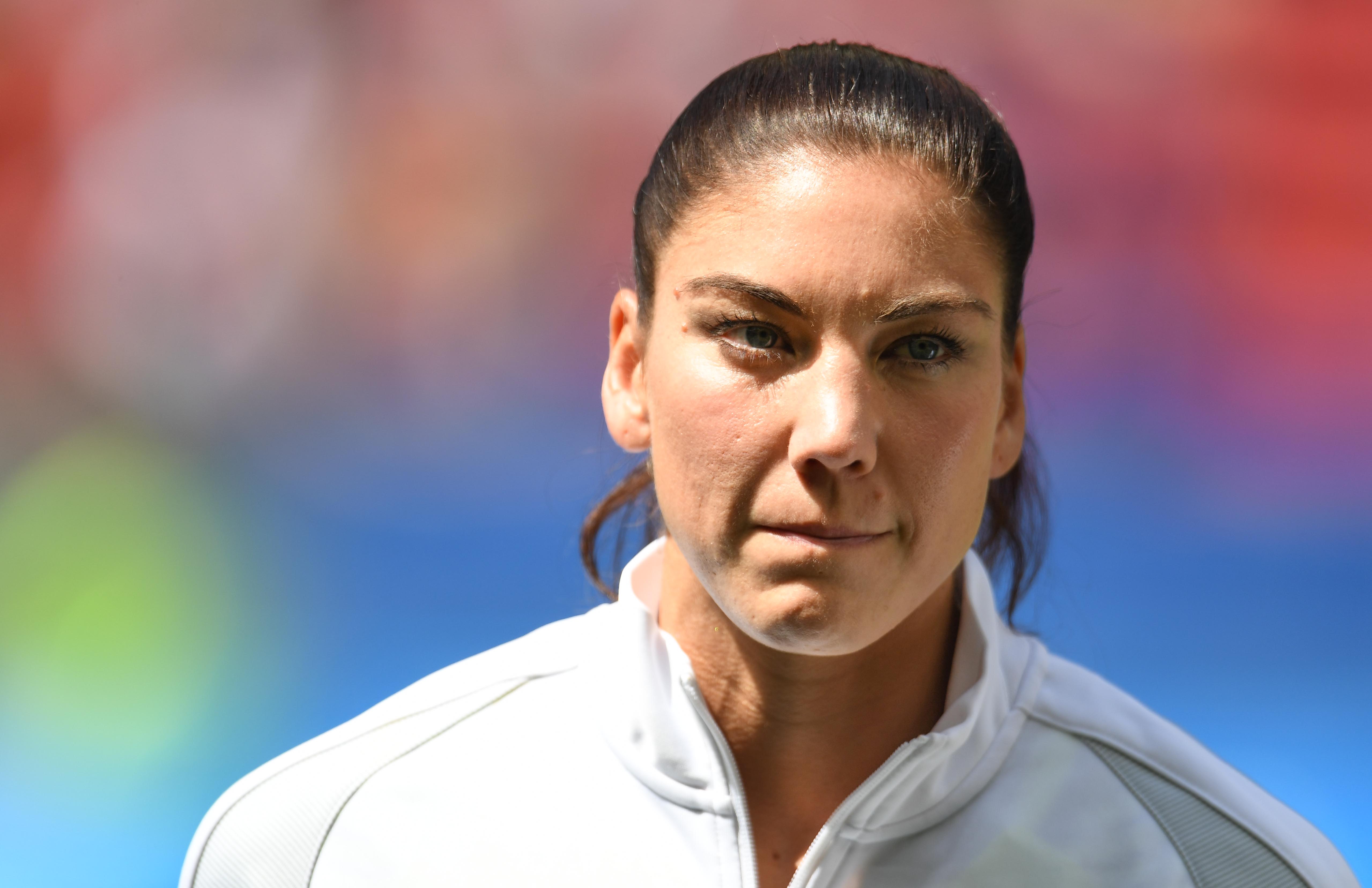 Aug 12, 2016; Brasilia, Brazil; United States goalkeeper Hope Solo (1) warms up for the game against Sweden during the women's team quarterfinal in the Rio 2016 Summer Olympic Games at Estadio Nacional Mane Garrincha. Mandatory Credit: Christopher Hanewinckel-USA TODAY Sports