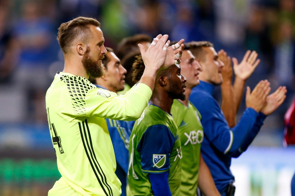 Jul 13, 2016; Seattle, WA, USA; Seattle Sounders FC goalkeeper Stefan Frei (24) applauds the supporters section following a 5-0 victory against FC Dallas at CenturyLink Field. Mandatory Credit: Joe Nicholson-USA TODAY Sports