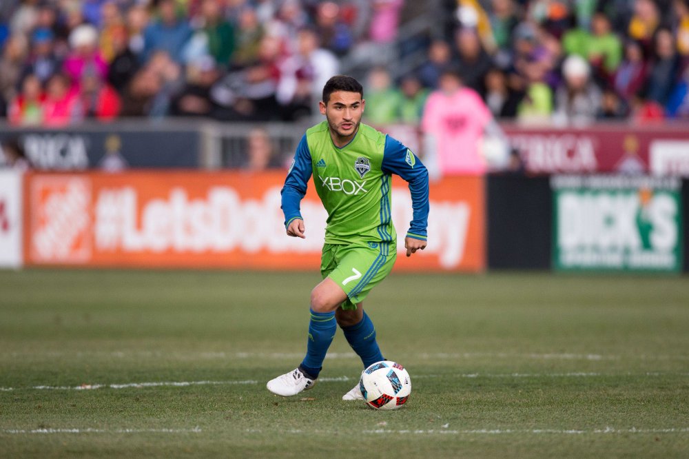 Nov 27, 2016; Commerce City, CO, USA; Seattle Sounders midfielder Cristian Roldan (7) controls the ball in the first half against the Colorado Rapids in the second leg of the MLS Western Conference Championship at Dick's Sporting Goods Park. Mandatory Credit: Isaiah J. Downing-USA TODAY Sports