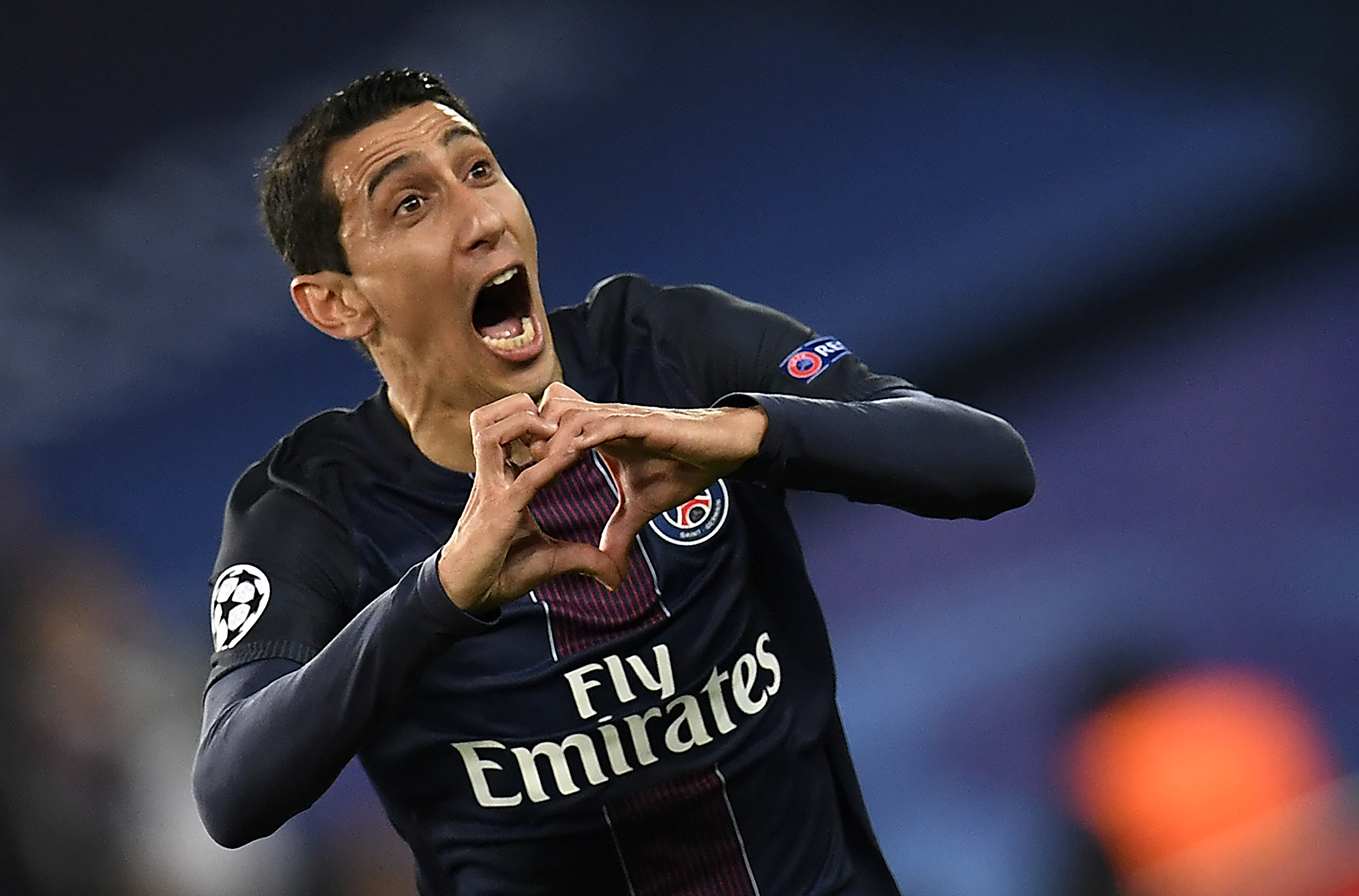 Paris Saint-Germain's Argentinian forward Angel Di Maria celebrates after scoring a goal during the UEFA Champions League round of 16 first leg football match between Paris Saint-Germain and FC Barcelona on February 14, 2017 at the Parc des Princes stadium in Paris. / AFP / CHRISTOPHE SIMON (Photo credit should read CHRISTOPHE SIMON/AFP/Getty Images)