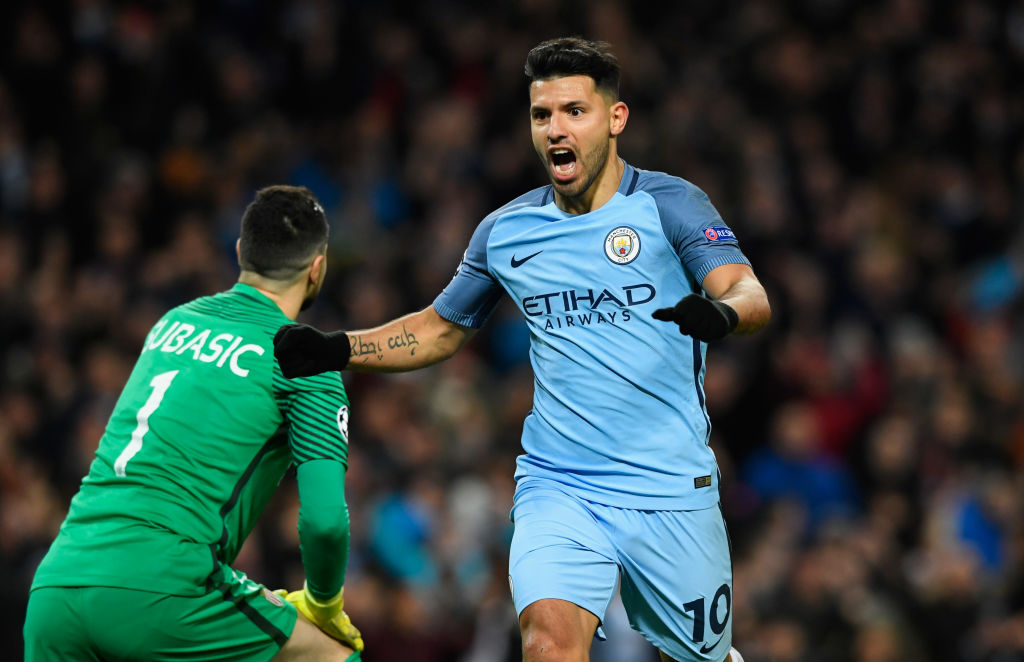 MANCHESTER, ENGLAND - FEBRUARY 21: Sergio Aguero of Manchester City (10) celebrates as he scores their second goal during the UEFA Champions League Round of 16 first leg match between Manchester City FC and AS Monaco at Etihad Stadium on February 21, 2017 in Manchester, United Kingdom. (Photo by Stu Forster/Getty Images)