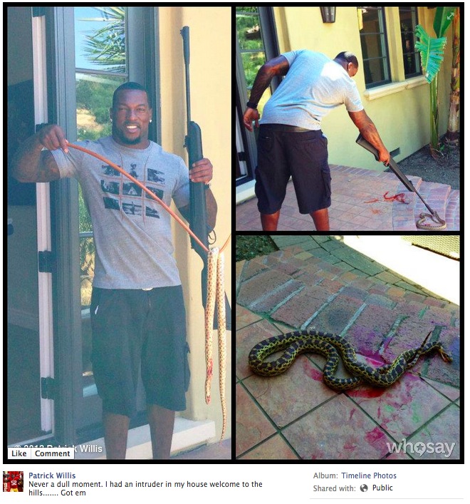 Patrick Willis celebrates sacking a giant snake at his home with a pellet gun. (Photo: Patrick Willis/Facebook)