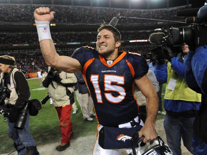 Tim Tebow after his first, and only, playoff victory. (Getty Images)