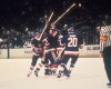 The New York Islanders celebrate after Pat LaFontaine's fourth-overtime goal in 1987. (Bruce Bennett, Getty Images)