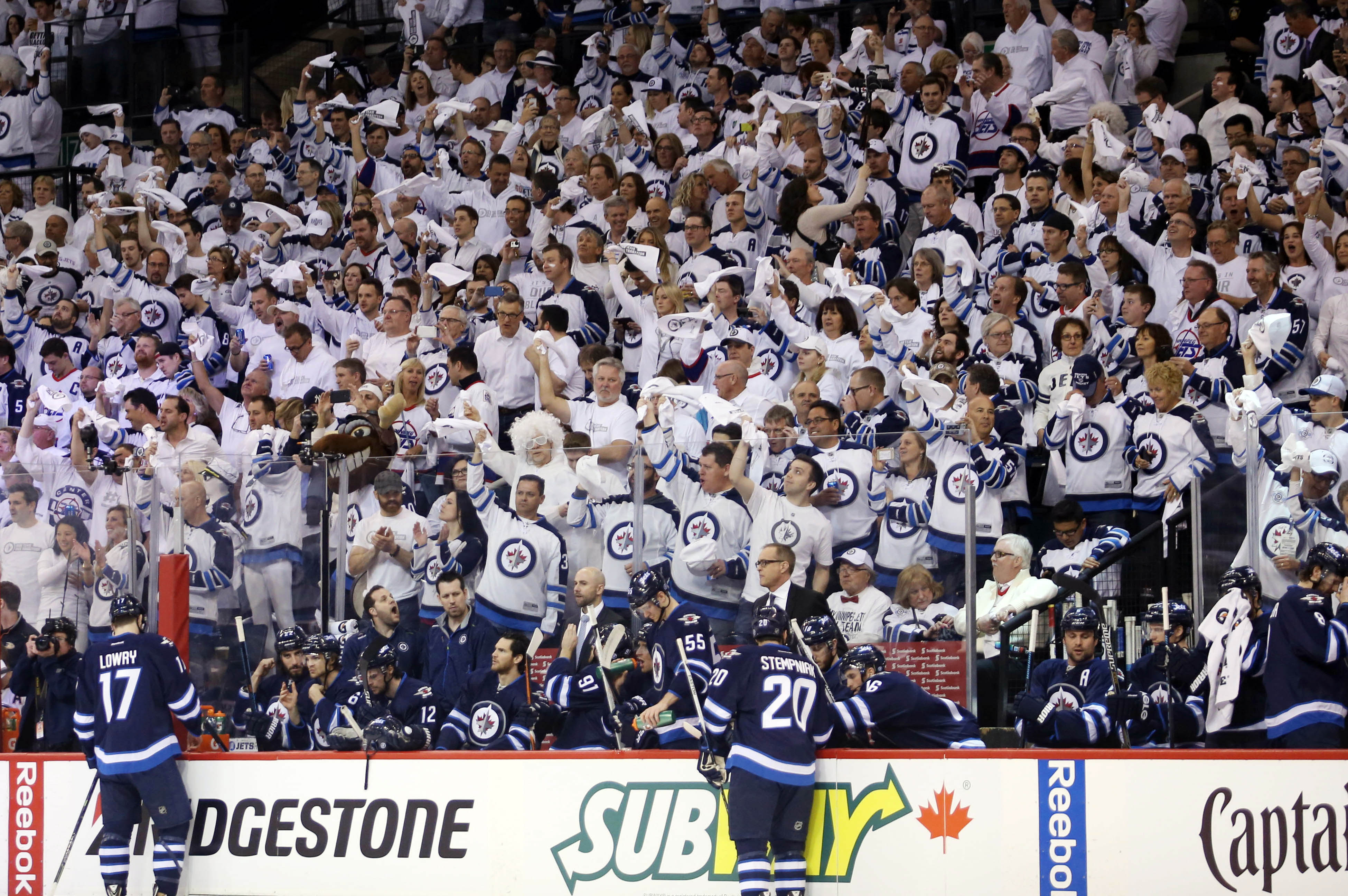 Winnipeg fans are decked out in white for the city's first Stanley Cup playoff game since 1996. (Bruce Fedyck, USA TODAY Sports)