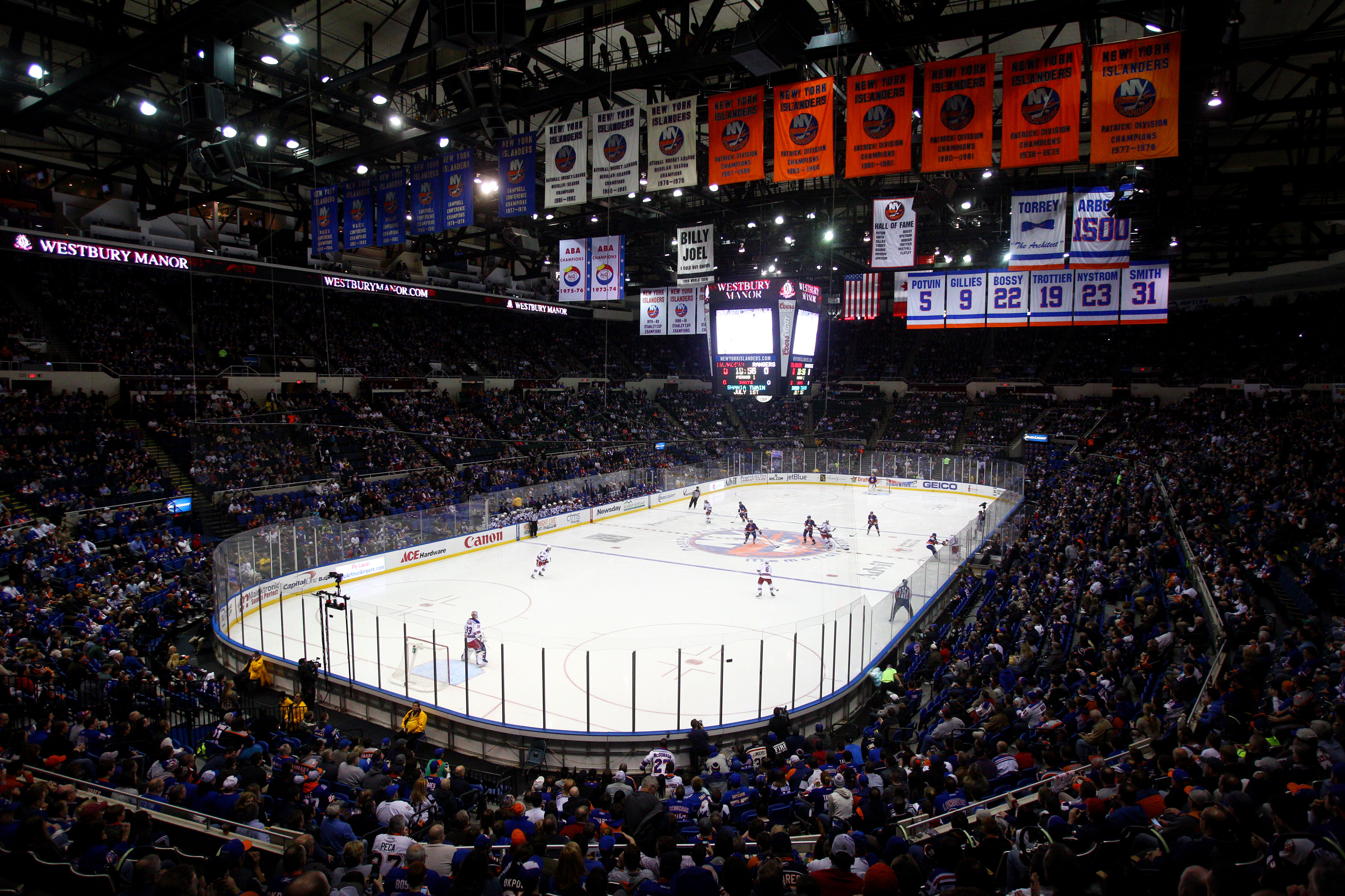 Nassau Coliseum is full of banners from the Islanders' storied past. (Brad Penner, USA TODAY Sports)