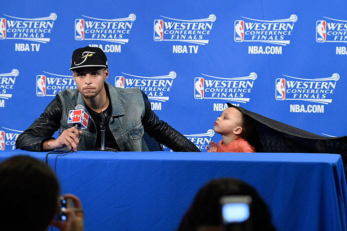 Golden State Warriors guard Stephen Curry (30) and Riley Curry address the media in a press conference after game five of the Western Conference Finals of the NBA Playoffs against the Houston Rockets at Oracle Arena. (USA TODAY Sports)