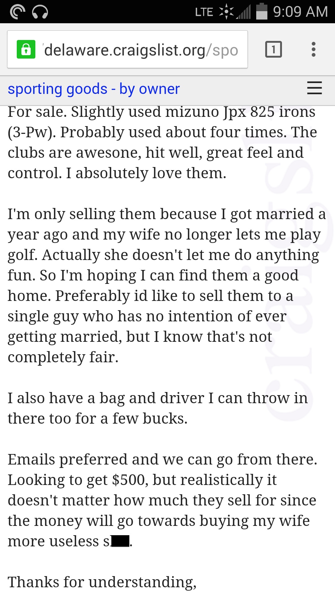 Guy Posts Bitter Craigslist Ad For His Clubs Because His Wife Hates Golf For The Win