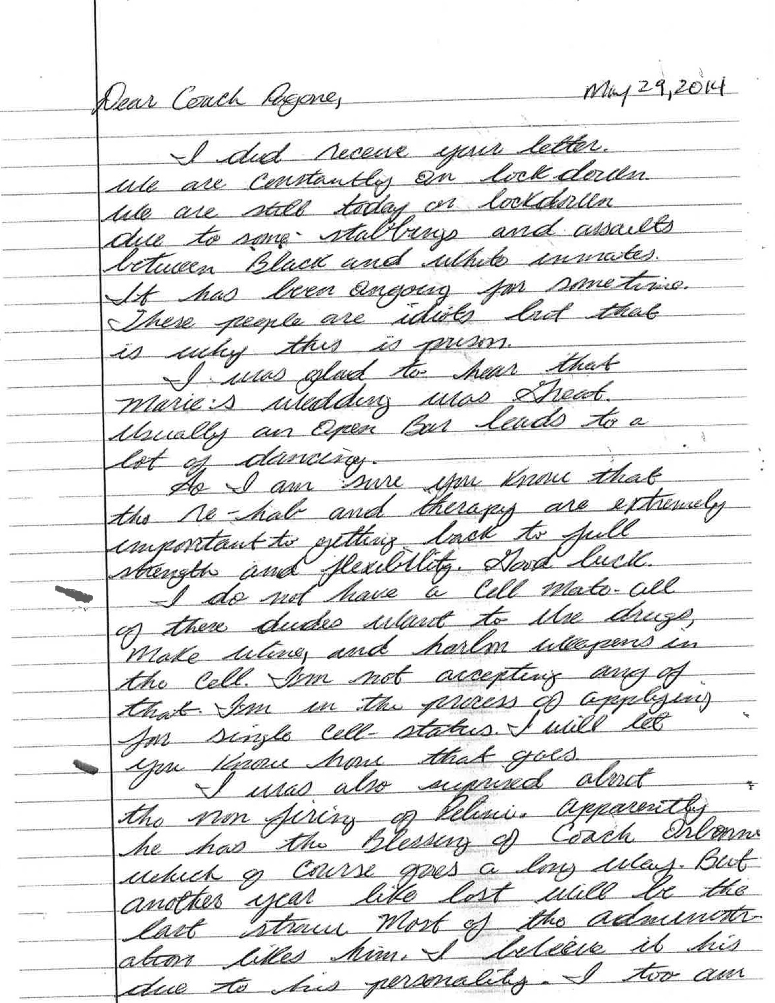 Handout --- Examples of letters written by former college and NFL running back Lawrence Phillips who is in prison in California and writing to former high school coaches. [Via MerlinFTP Drop]
