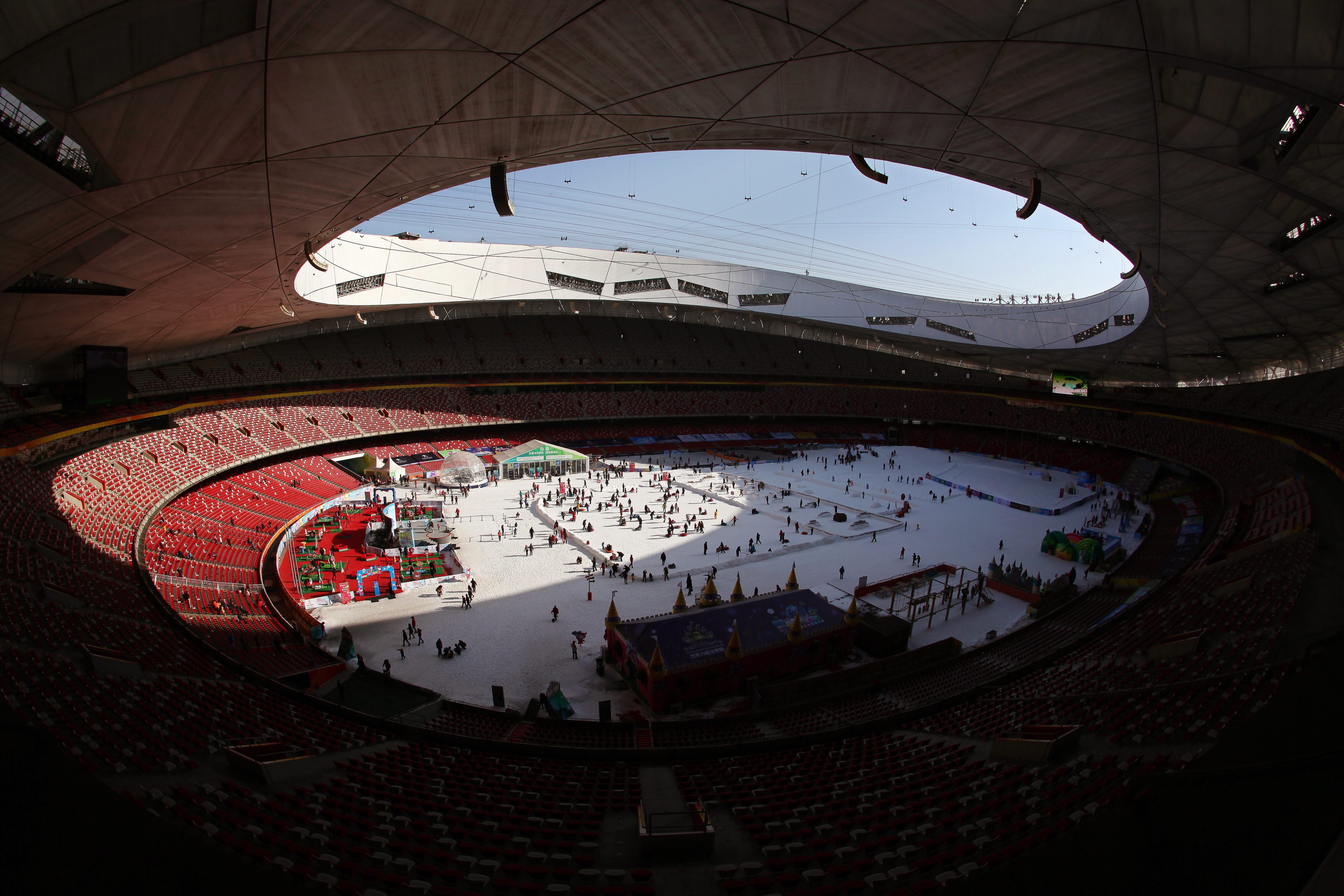 This is all artificial snow in the stadium that hosted the main events of the 2008 Summer Games. (EPA)
