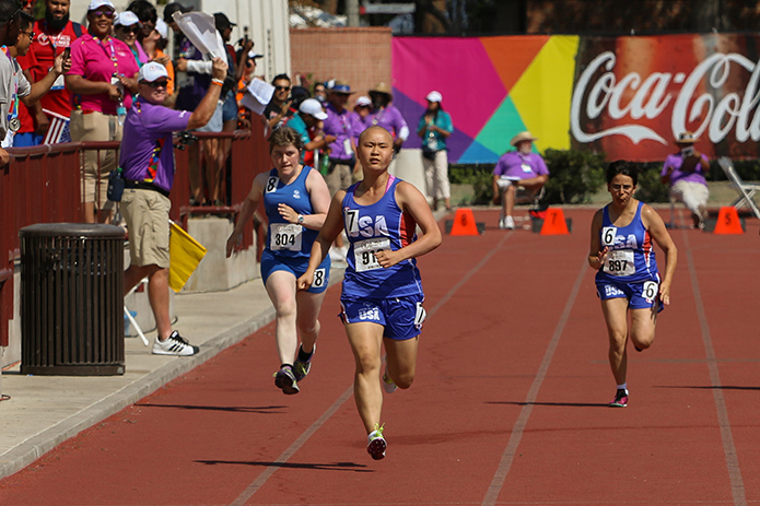 Olivia Quigley wins the 100 meters at the World Games. (Aaron Mills/Special Olympics USA)