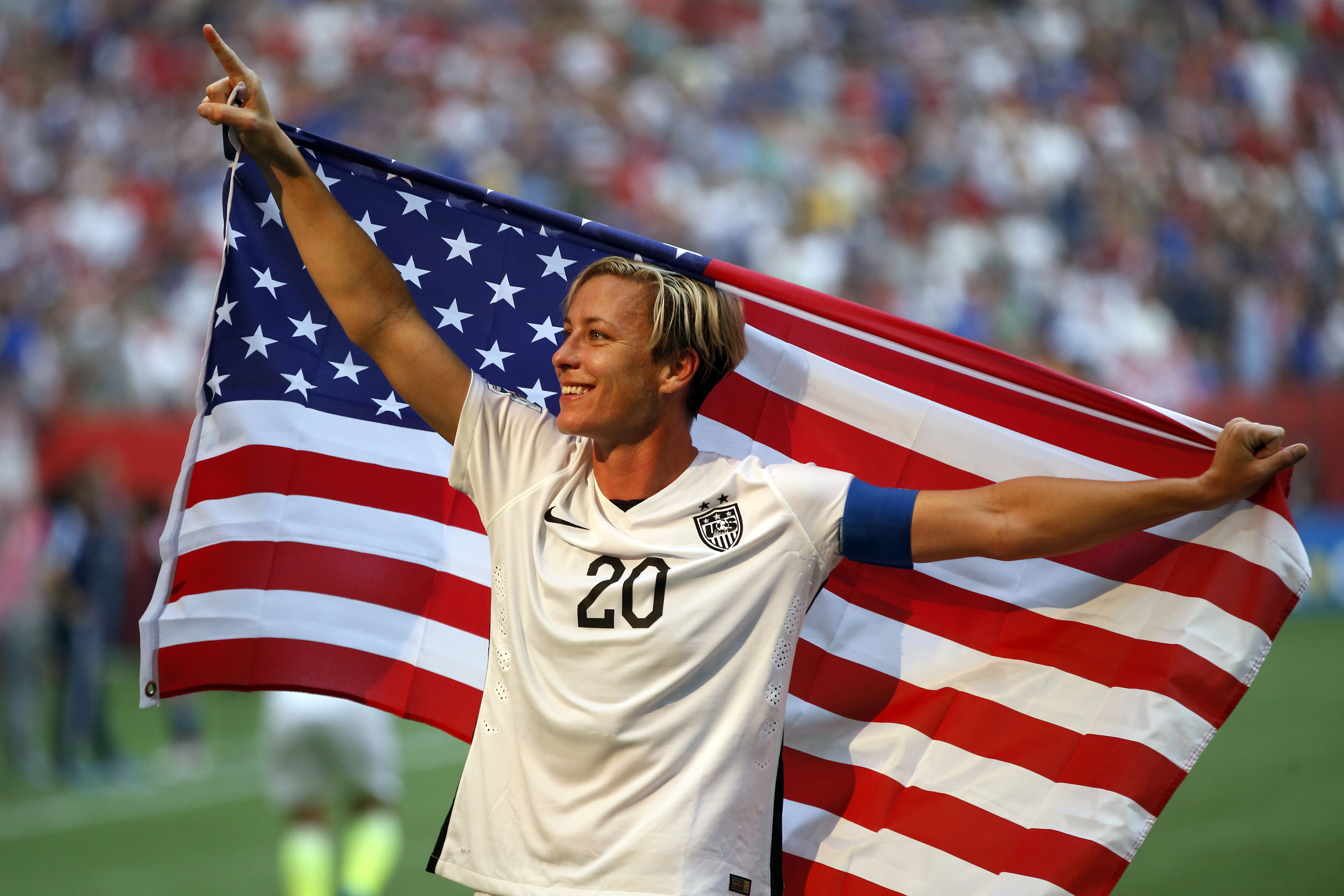 Jul 5, 2015; Vancouver, British Columbia, CAN; United States forward Abby Wambach (20) celebrates after defeating Japan in the final of the FIFA 2015 Women's World Cup at BC Place Stadium. United States won 5-2. Mandatory Credit: Michael Chow-USA TODAY Sports  ORG XMIT: USATSI-230322 ORIG FILE ID:  20150705_ajw_mc1_237.jpg