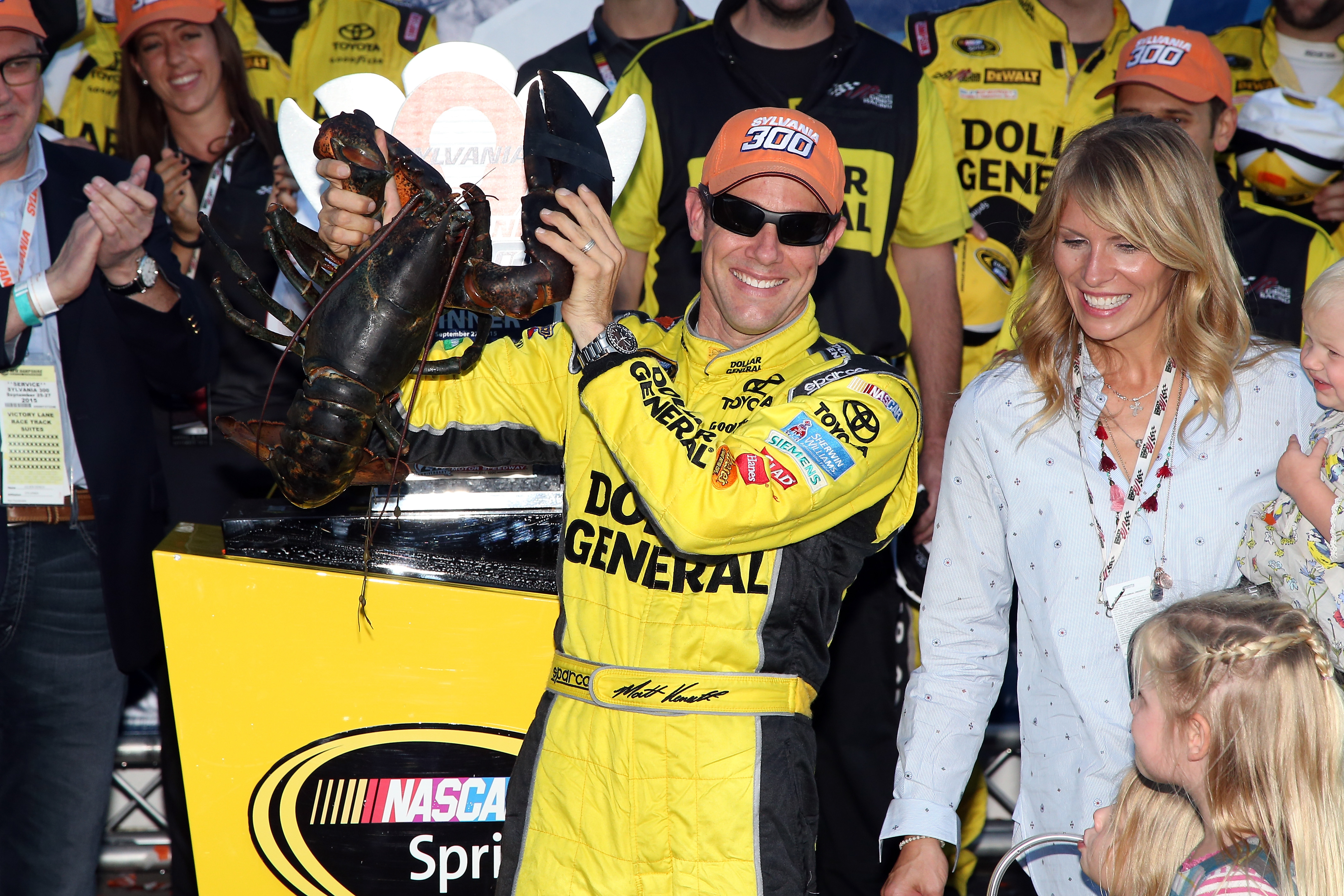 LOUDON, NH - SEPTEMBER 27: Matt Kenseth, driver of the #20 Dollar General Toyota, celebrates in Victory Lane with a lobster after winning the NASCAR Sprint Cup Series SYLVANIA 300 at New Hampshire Motor Speedway on September 27, 2015 in Loudon, New Hampshire. (Photo by Sean Gardner/Getty Images) ORG XMIT: 580820657 ORIG FILE ID: 490335840