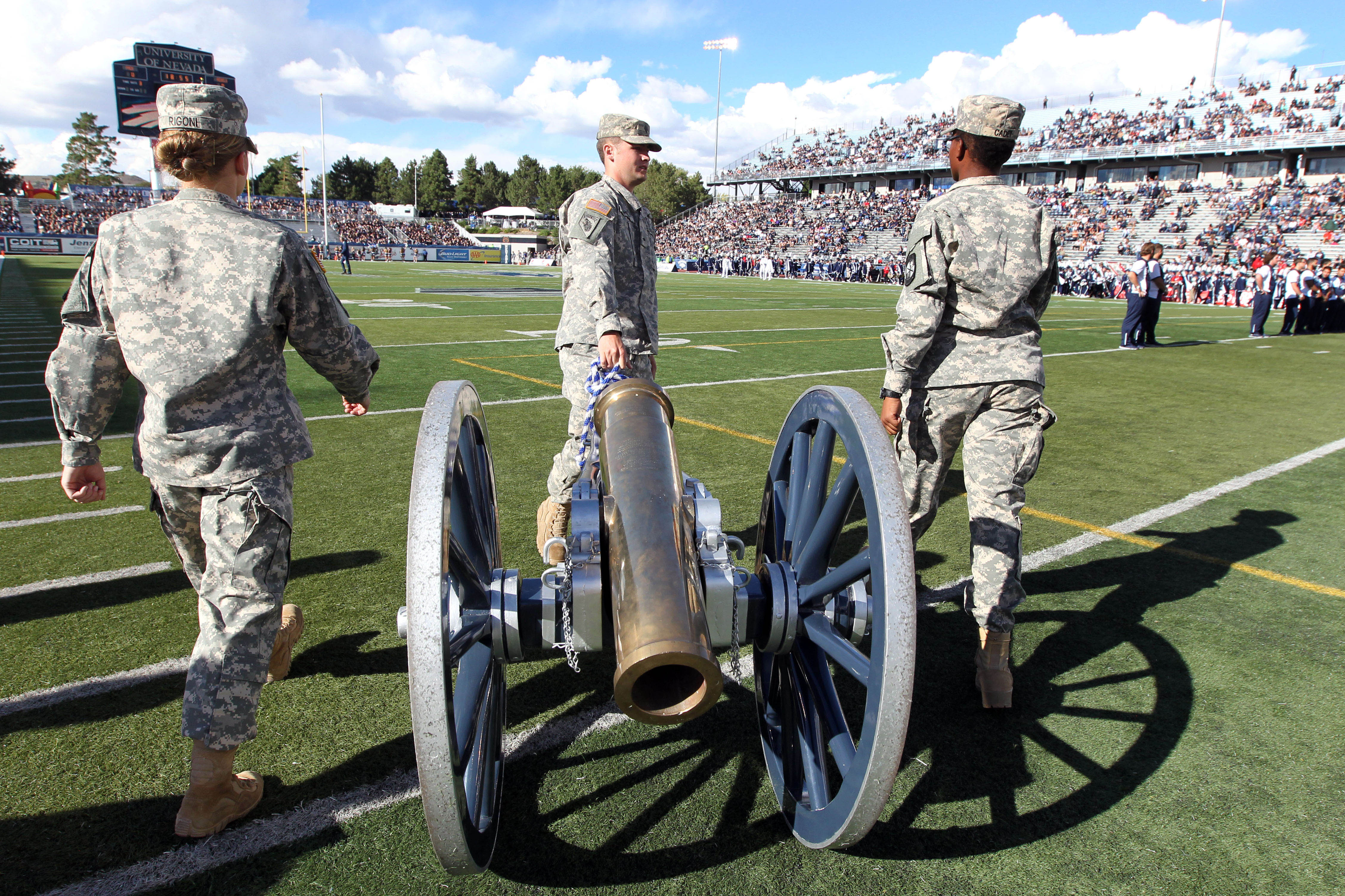 Oct 3, 2015; Reno, NV, USA; Nevada Wolf Pack ROTC students bring out the Fremont Cannon which goes to the winner of the annual state rivalry game between the Wolf Pack and ULNV running Rebels at MacKay Stadium. Mandatory Credit: Lance Iversen-USA TODAY Sports ORG XMIT: USATSI-226616 ORIG FILE ID: 20151003_gma_ib2_102.jpg