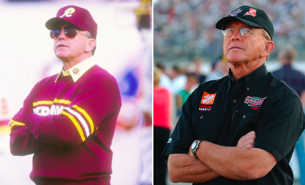 Head coach Joe Gibbs of the Washington Redskins looks on from the