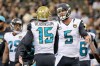Dec 27, 2015; New Orleans, LA, USA; Jacksonville Jaguars quarterback Blake Bortles (5) celebrates with wide receiver Allen Robinson (15) after a touchdown against the New Orleans Saints during the second half of a game at the Mercedes-Benz Superdome. The Saints defeated the Jaguars 38-27. Mandatory Credit: Derick E. Hingle-USA TODAY Sports