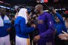January 14, 2016; Oakland, CA, USA; Golden State Warriors guard Stephen Curry (30, left) shakes hands with Los Angeles Lakers forward Kobe Bryant (24, right) after the game at Oracle Arena. The Warriors defeated the Lakers 116-98. Mandatory Credit: Kyle Terada-USA TODAY Sports