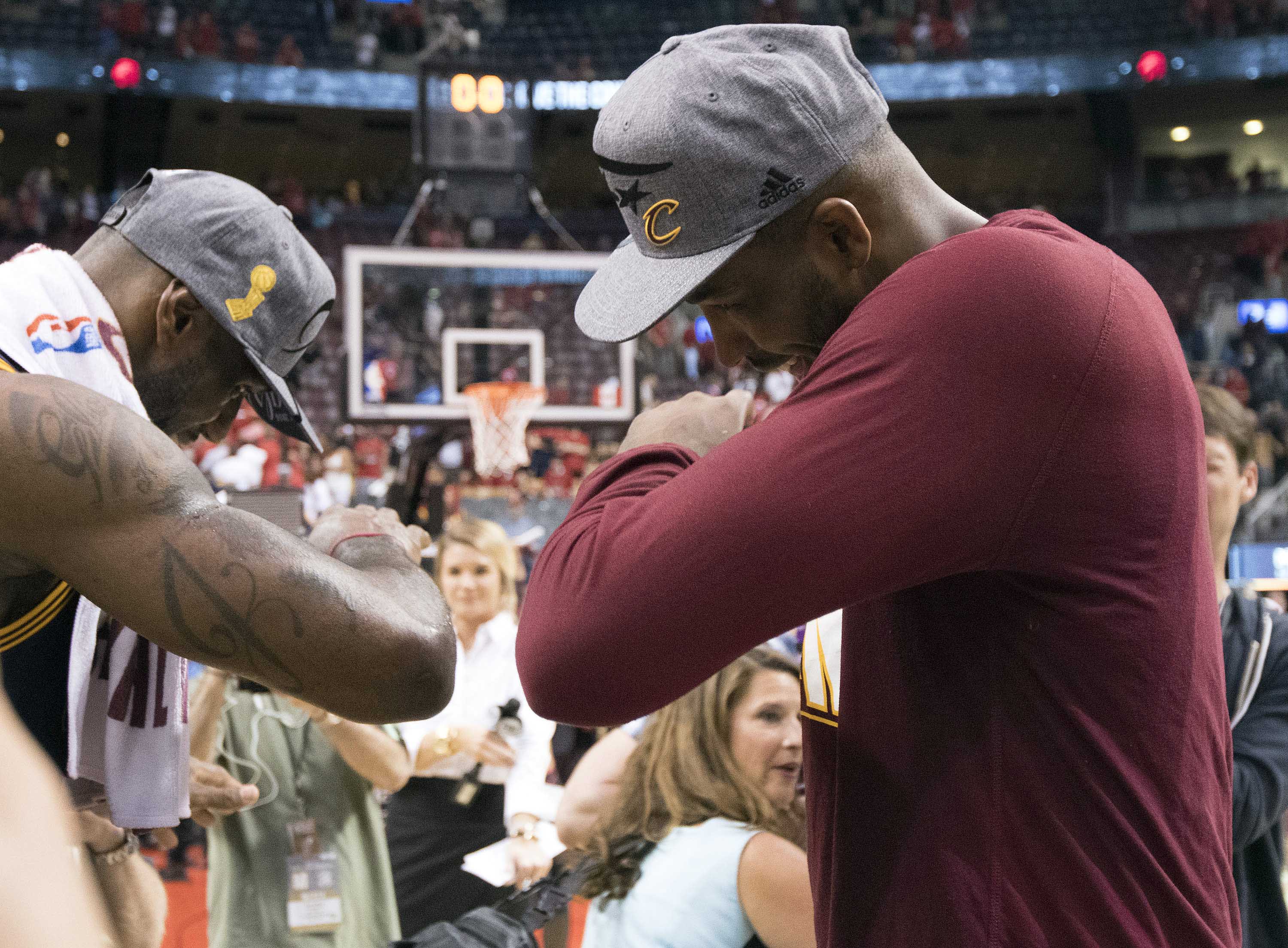 May 27, 2016; Toronto, Ontario, CAN; Cleveland Cavaliers forward LeBron James (23) celebrates the win with Cleveland Cavaliers forward Channing Frye (9) at the end of game six of the Eastern conference finals of the NBA Playoffs against theToronto Raptors at Air Canada Centre. The Cleveland Cavaliers won 113-87. Mandatory Credit: Nick Turchiaro-USA TODAY Sports ORG XMIT: USATSI-269278 ORIG FILE ID: 20160527_pjc_bt2_195.JPG