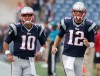 Sep 21, 2014; Foxborough, MA, USA; New England Patriots quarterback Tom Brady (12) and New England Patriots quarterback Jimmy Garoppolo (10) take the field before their game against the Oakland Raiders at Gillette Stadium. Mandatory Credit: Winslow Townson-USA TODAY Sports usp ORG XMIT: USATSI-180096 [Via MerlinFTP Drop]