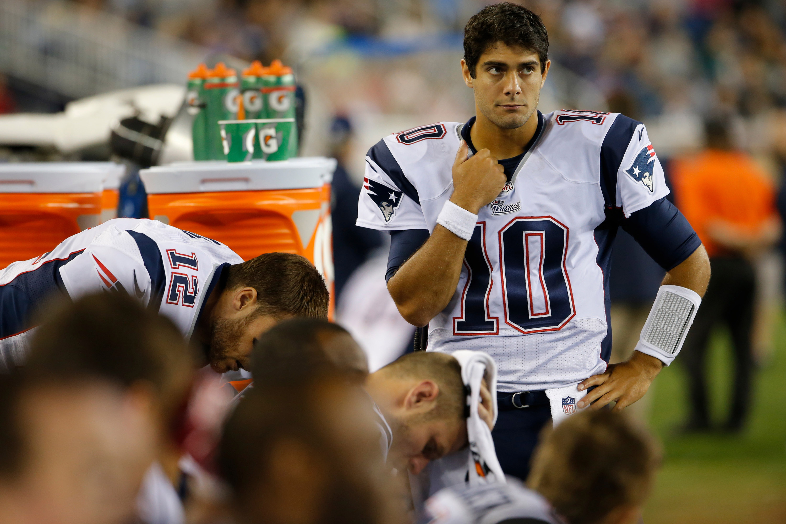 Aug 15, 2014; Foxborough, MA, USA; New England Patriots quarterback Jimmy Garoppolo (10) on the sideline as they take on the Philadelphia Eagles in the second half during the preseason game at Gillette Stadium. The New England Patriots defeated the Philadelphia Eagles 42-35. Mandatory Credit: David Butler II-USA TODAY Sports ORG XMIT: USATSI-180610 ORIG FILE ID: 20140815_mje_sv3_860.jpg