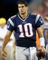 Aug 13, 2015; Foxborough, MA, USA; New England Patriots quarterback Jimmy Garoppolo (10) holds the ball on the side line during the fourth quarter against the Green Bay Packers at Gillette Stadium. The Green Bay Packers won 22-11. Mandatory Credit: Greg M. Cooper-USA TODAY Sports ORG XMIT: USATSI-224982 ORIG FILE ID: 20150813_krj_sj7_0204.JPG