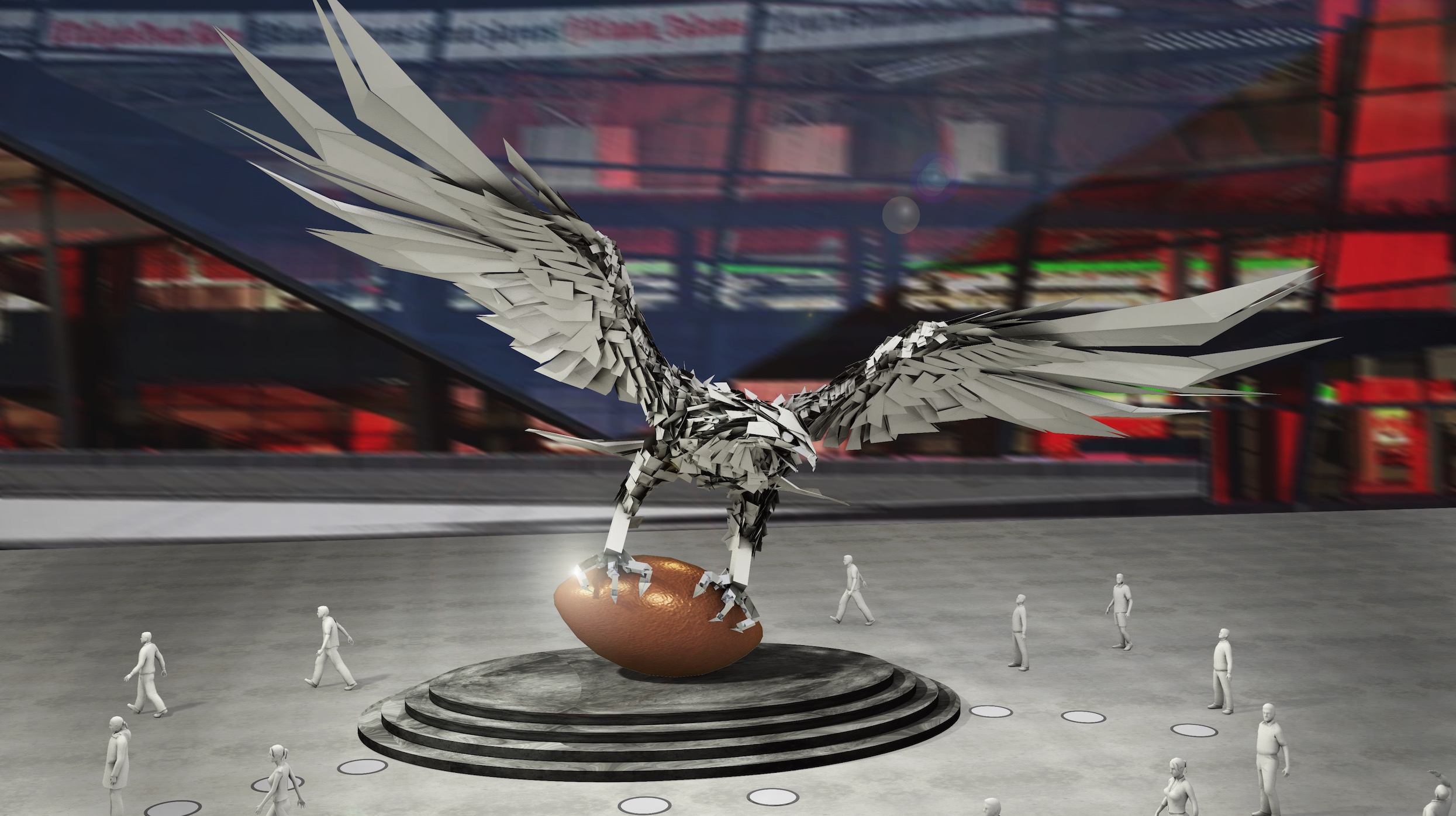 A giant stainless steel falcon is rising up in front of Mercedes-Benz  Stadium - Atlanta Magazine