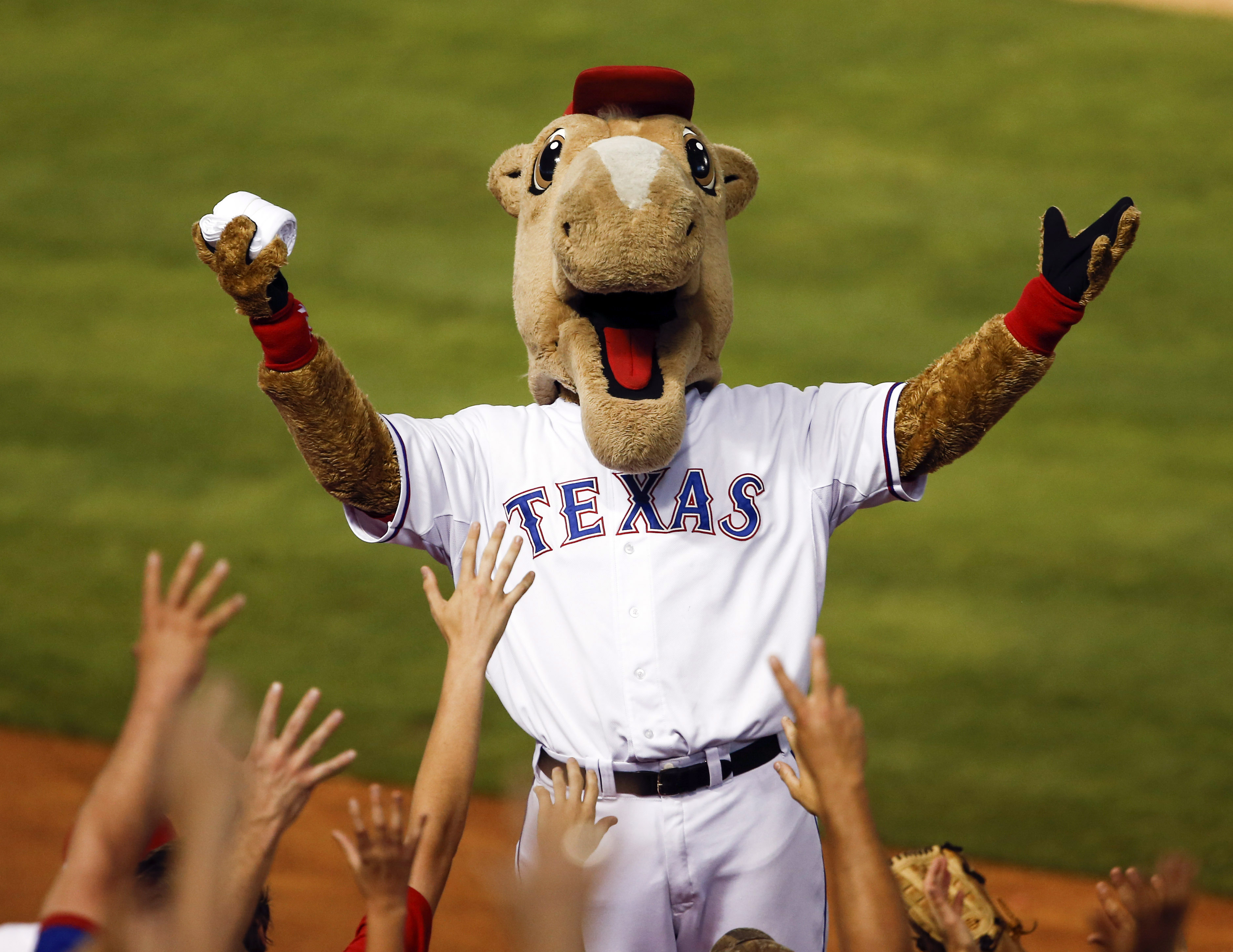 19 SEP 2016: Texas Rangers Mascot Captain throws t-shirts to the crowd  during the MLB game between the Los Angeles Angels of Anaheim and Texas  Rangers at Globe Life Park in Arlington