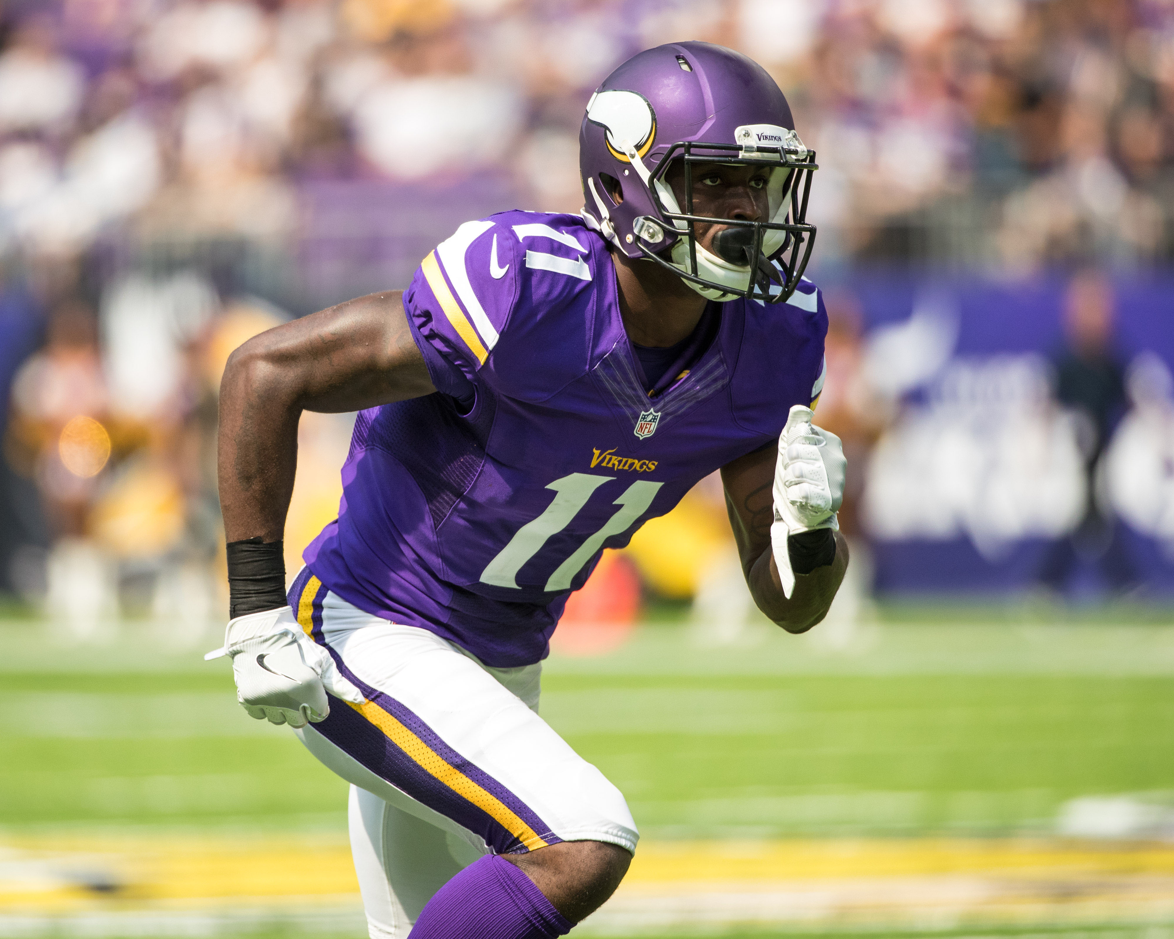 Aug 28, 2016; Minneapolis, MN, USA; Minnesota Vikings wide receiver Laquon Treadwell (11) runs during the fourth quarter in a preseason game against the San Diego Chargers at U.S. Bank Stadium. The Vikings won 23-10. Mandatory Credit: Brace Hemmelgarn-USA TODAY Sports