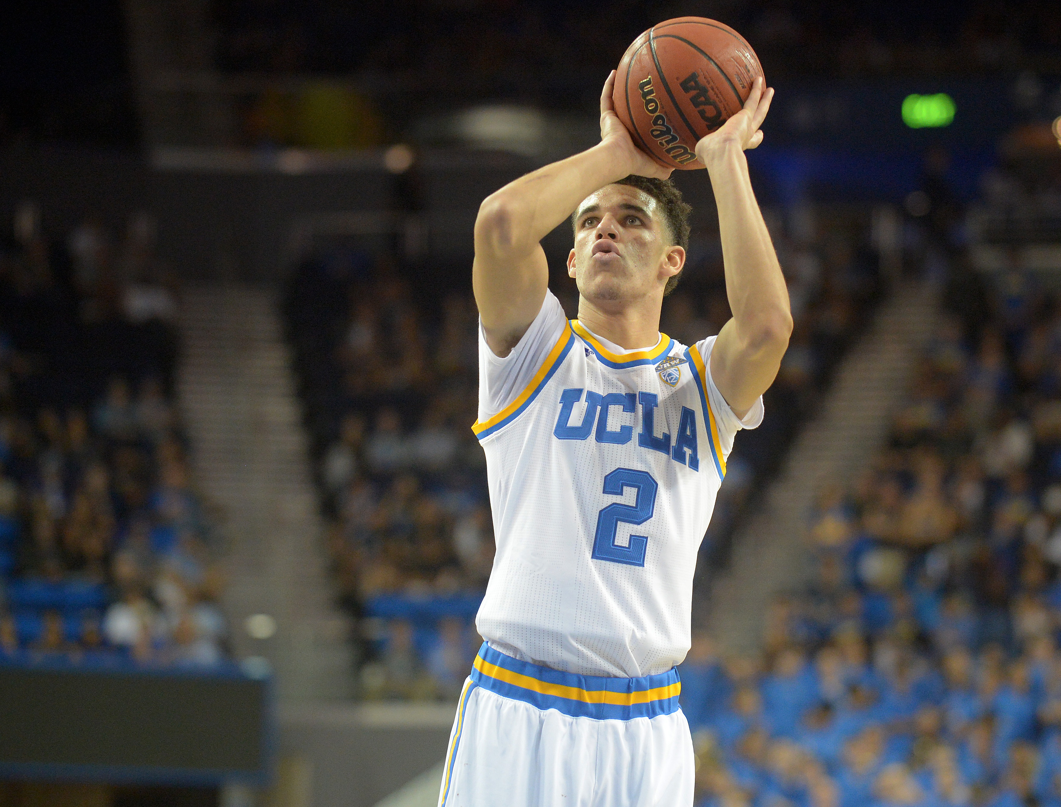 UCLA guard Lonzo Ball shoots a free throw during an exhibition