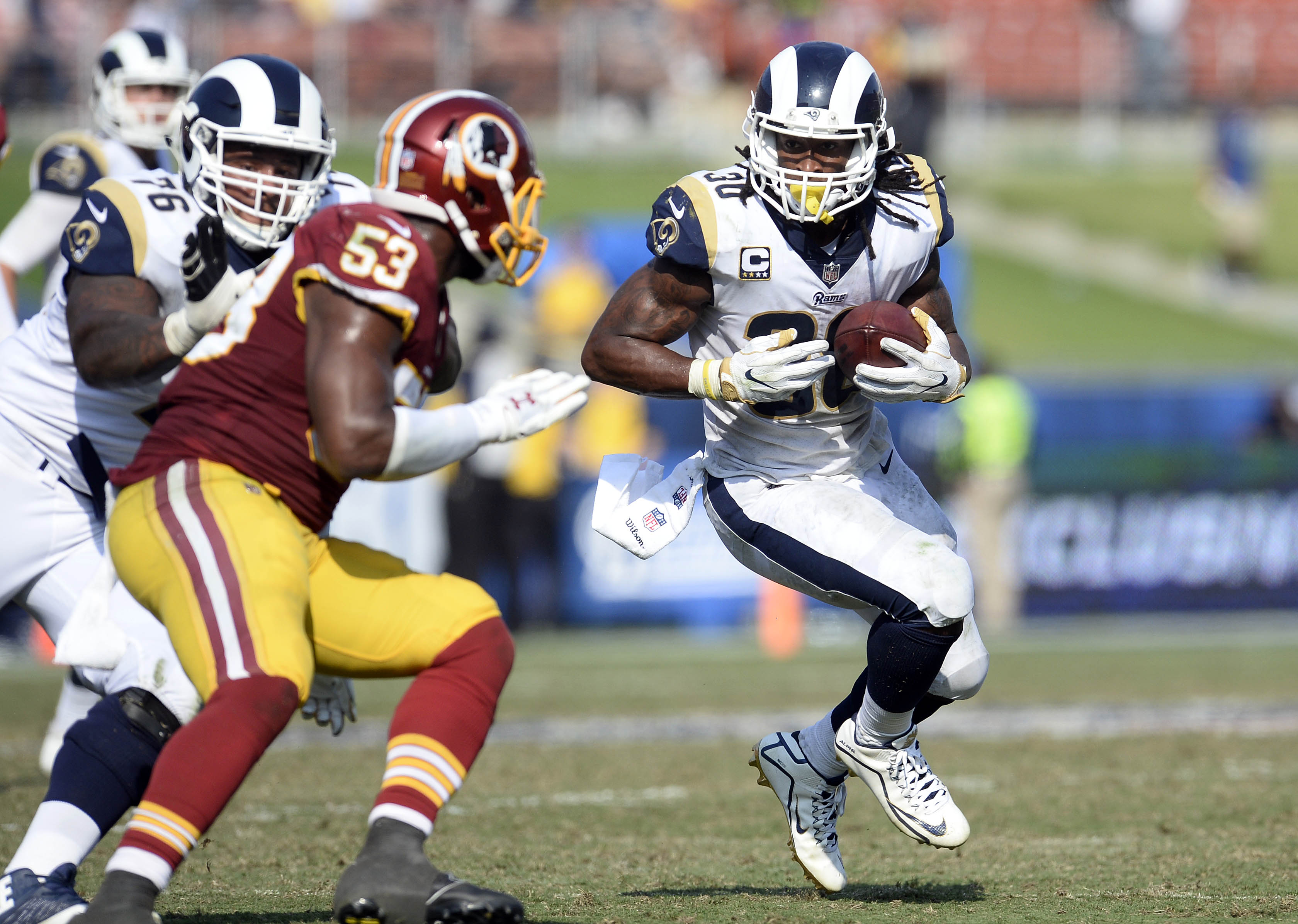 Detailed view of blue and white Los Angeles Rams blue and white helmet with  white facemask incorporated in the 2017 season. Photo via Credit:  Newscom/Alamy Live News Stock Photo - Alamy