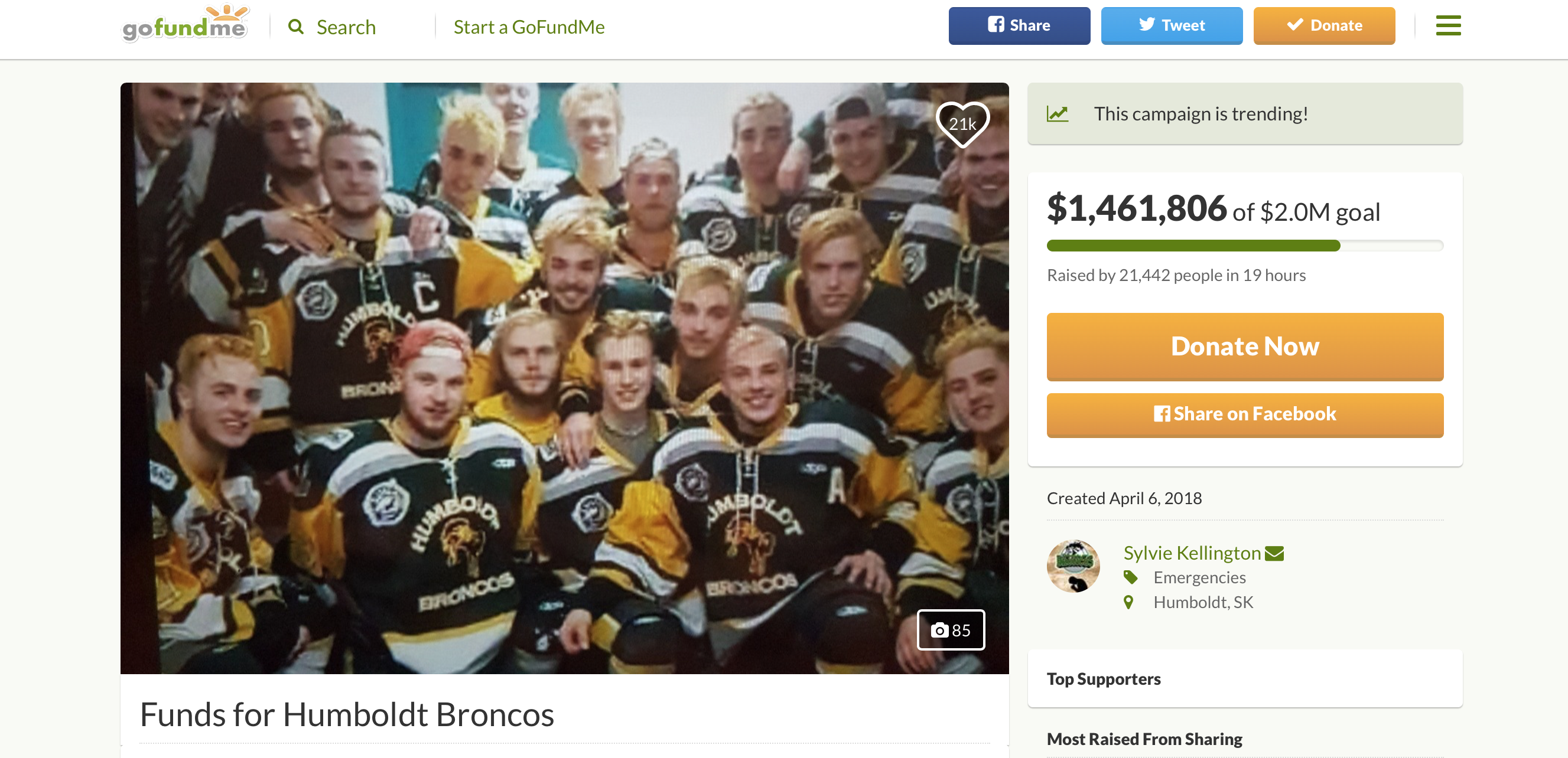 Gofundme Campaign For Humboldt Broncos Surpasses 1 Million In Hours