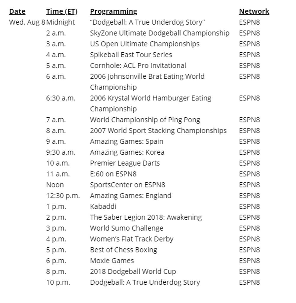ESPN 8 The Ocho complete schedule