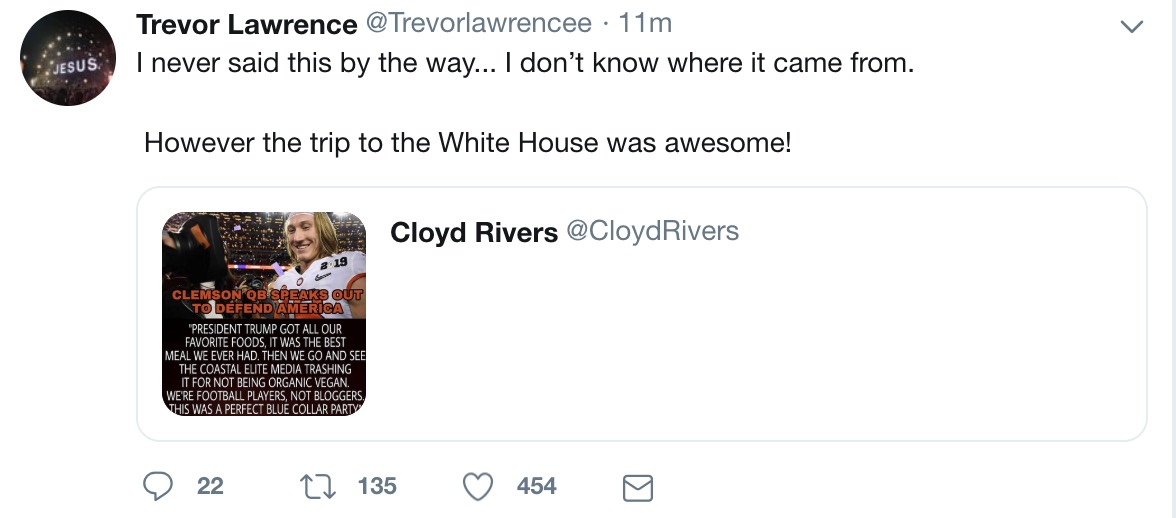 Trevor Lawrence shuts down fake quote about White House's fast food