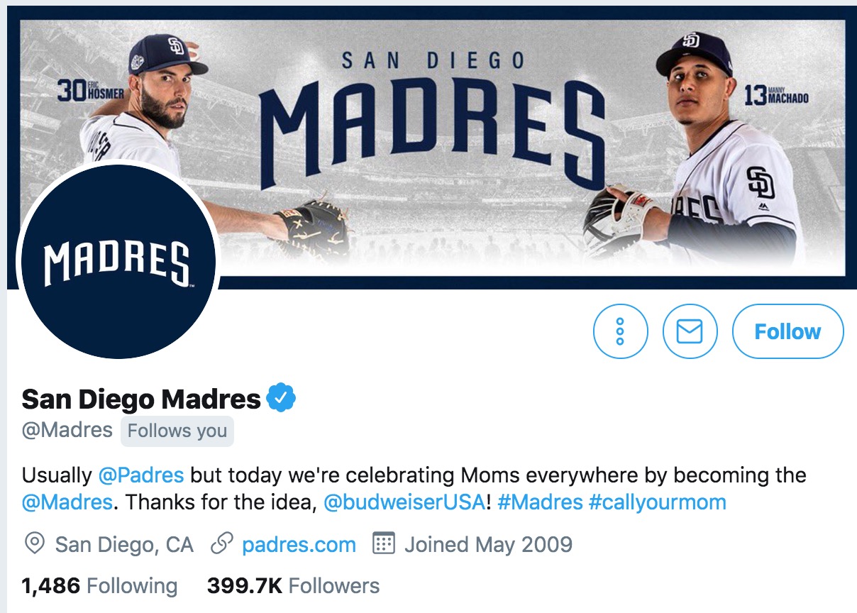 Padres lost Twitter handle after changing it to Madres on Mother's Day