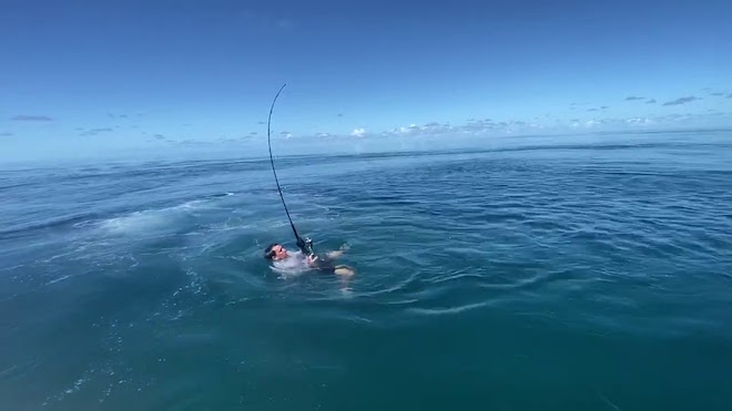 Angler dives into water after fish steals fishing rod (video)