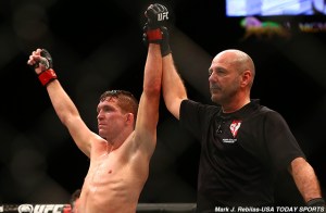 March 5, 2016; Las Vegas, NV, USA; Darren Elkins is declared the winner against Chas Skelly during UFC 196 at MGM Grand Garden Arena. Mandatory Credit: Mark J. Rebilas-USA TODAY Sports