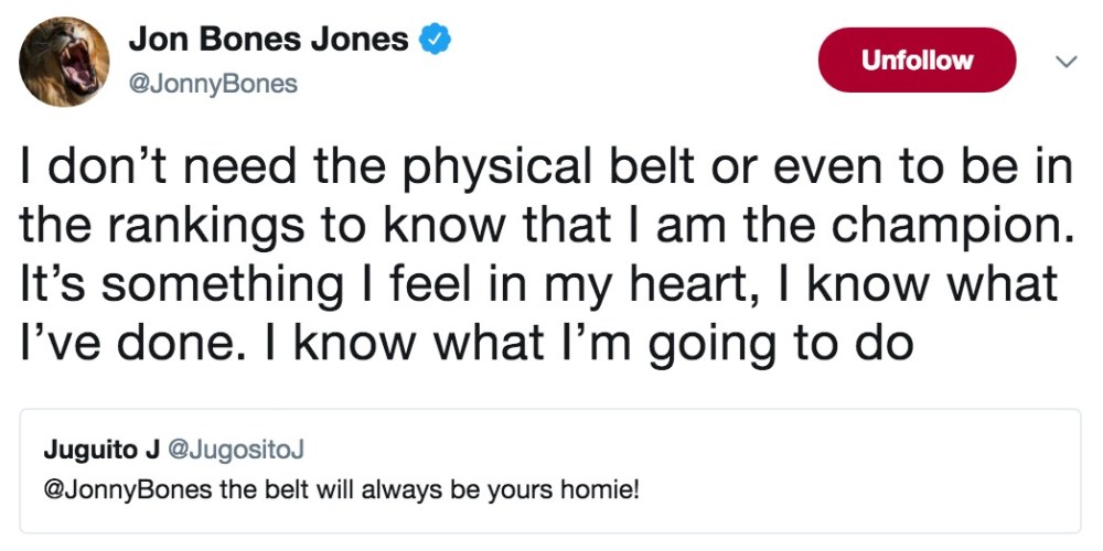 Jon Jones Declares Himself Ufc Champion Even Without Title Belt