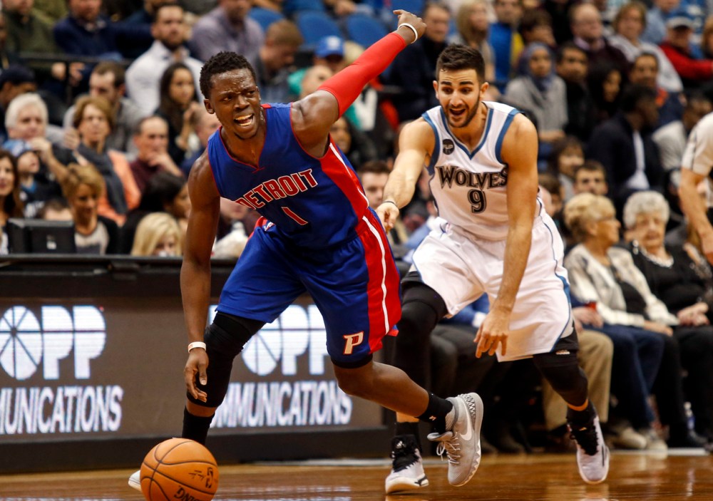 Nov 20, 2015; Minneapolis, MN, USA; Detroit Pistons guard Reggie Jackson (1) reacts after driving into Minnesota Timberwolves guard Ricky Rubio (9) in the fourth quarter at Target Center. The Pistons win 96-86. Mandatory Credit: Bruce Kluckhohn-USA TODAY Sports
