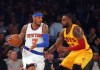 Mar 26, 2016; New York, NY, USA; New York Knicks small forward Carmelo Anthony (7) controls the ball against Cleveland Cavaliers small forward LeBron James (23) during the first quarter at Madison Square Garden. Mandatory Credit: Brad Penner-USA TODAY Sports