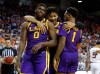 AUBURN, ALABAMA - FEBRUARY 08: Darius Days #0 of the LSU Tigers reacts after fouling out of the game against the Auburn Tigers with Trendon Watford #2 and Javonte Smart #1 at Auburn Arena on February 08, 2020 in Auburn, Alabama.