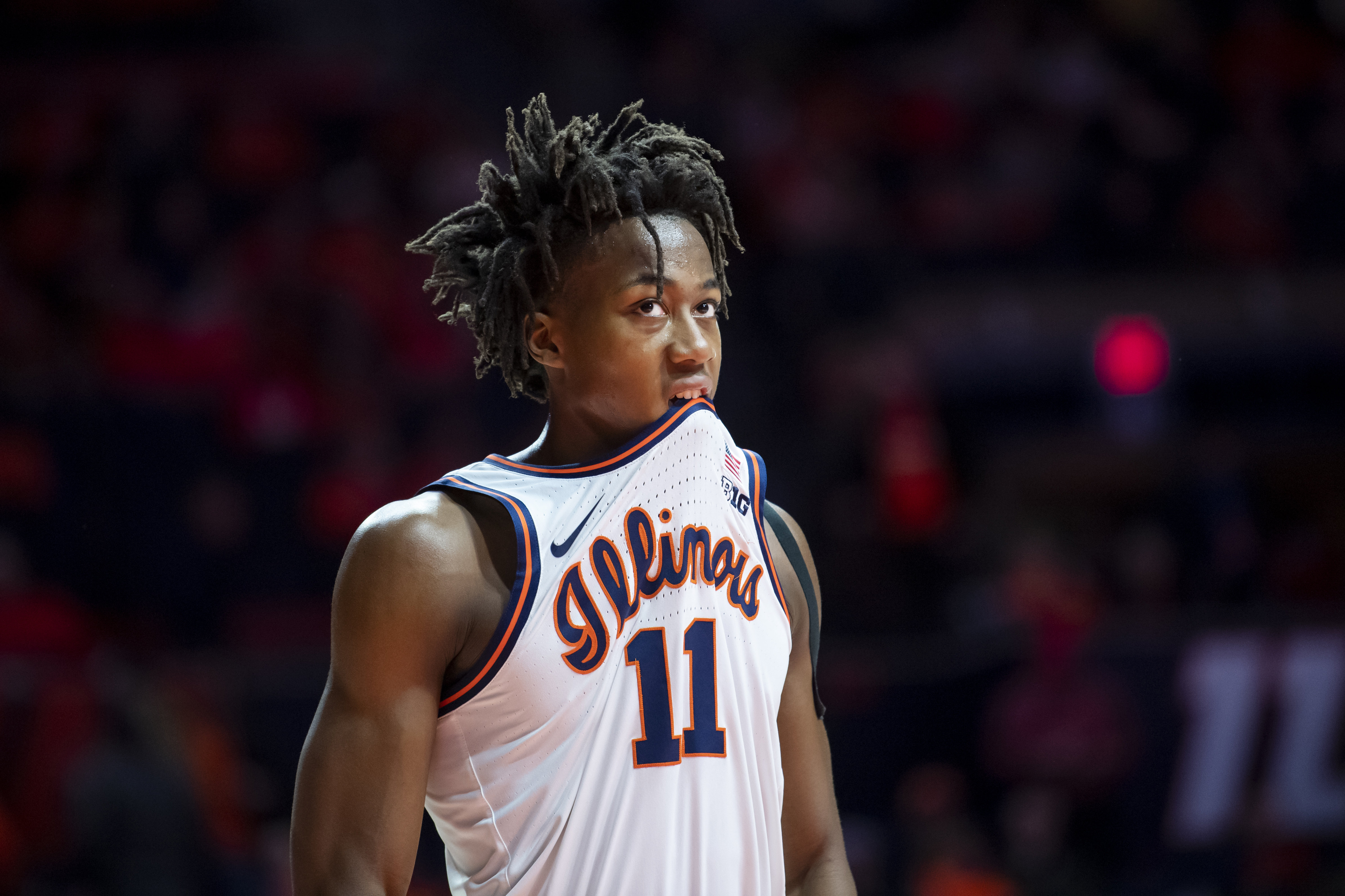 Feb 7, 2020; Champaign, Illinois, USA; Illinois Fighting Illini guard Ayo Dosunmu (11) reacts late in the second half against the Maryland Terrapins at State Farm Center.