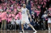 Feb 19, 2020; Newark, New Jersey, USA; Seton Hall Pirates forward Sandro Mamukelashvili (23) reacts after scoring a three point basket during the second half against the Butler Bulldogs at Prudential Center.
