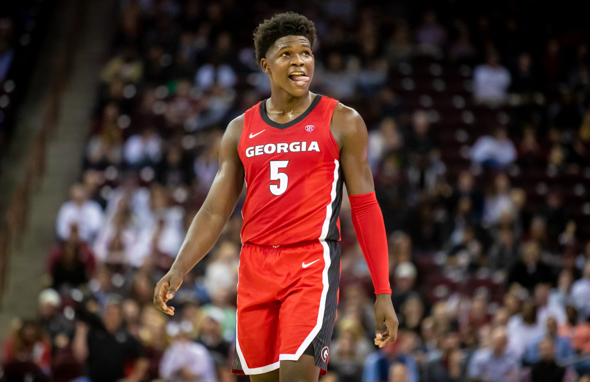 Feb 26, 2020; Columbia, South Carolina, USA; Georgia Bulldogs guard Anthony Edwards (5) reacts to a play against the South Carolina Gamecocks in the second half at Colonial Life Arena.