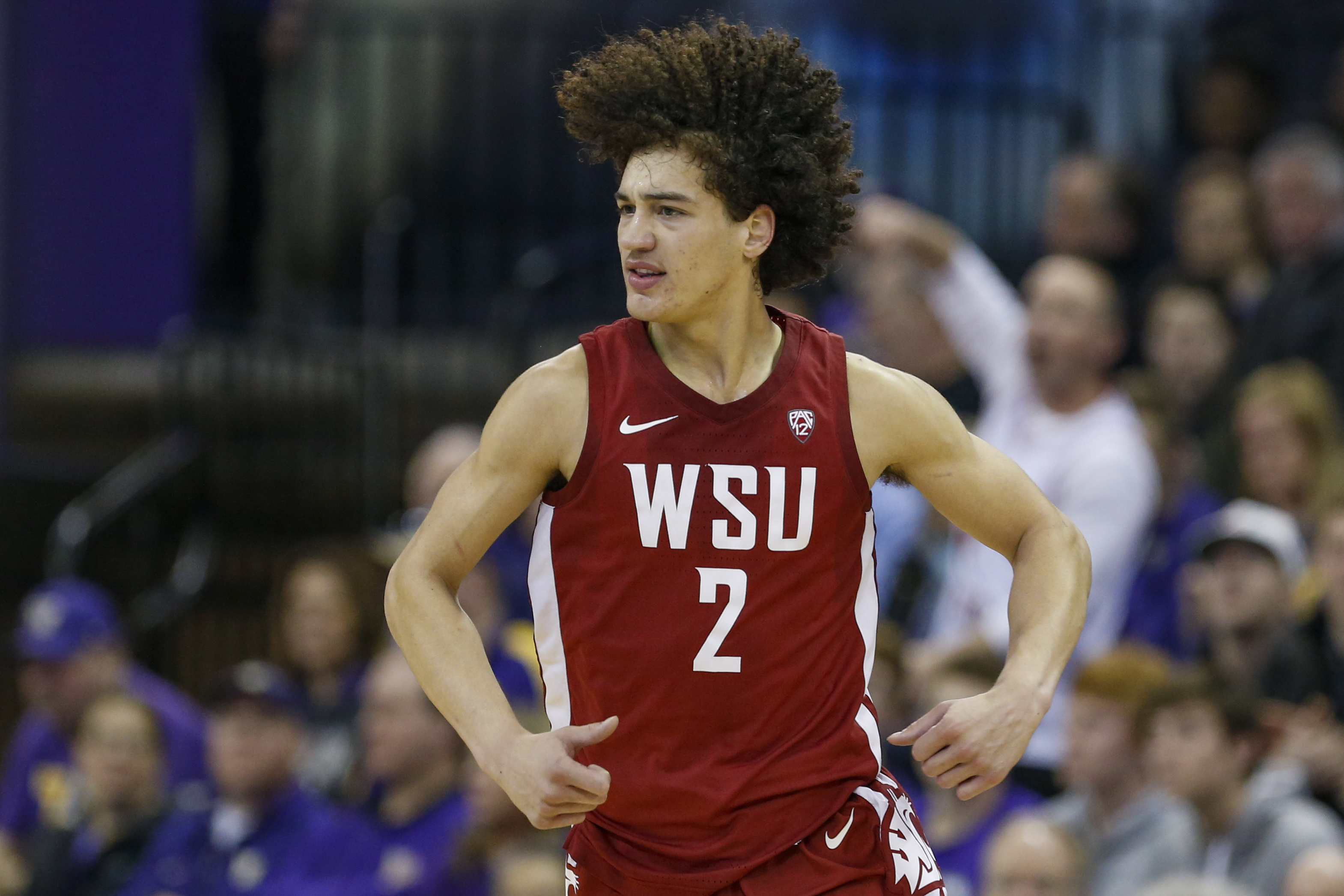 Feb 28, 2020; Seattle, Washington, USA; Washington State Cougars forward CJ Elleby (2) reacts after making a three point basket against the Washington Huskies during the second half at Alaska Airlines Arena.
