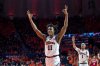 Mar 1, 2020; Champaign, Illinois, USA; Illinois Fighting Illini guard Ayo Dosunmu (11) celebrates his three point shot during the second half against the Indiana Hoosiers at State Farm Center.