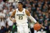Feb 25, 2020; East Lansing, Michigan, USA; Michigan State Spartans forward Xavier Tillman (23) brings the ball up court during the second half a game against the Iowa Hawkeyes at the Breslin Center.