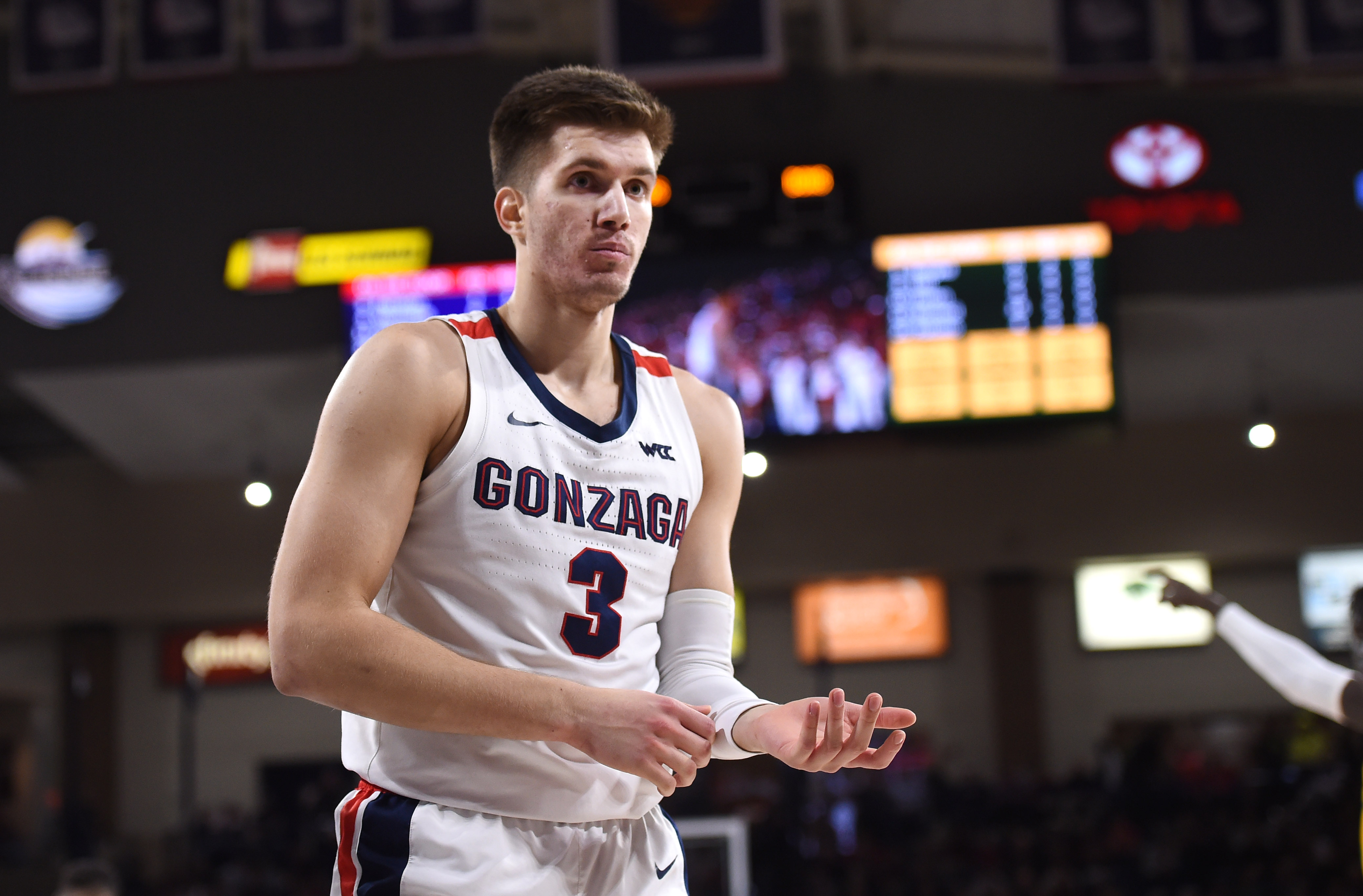 Feb 20, 2020; Spokane, Washington, USA; Gonzaga Bulldogs forward Filip Petrusev (3) reacts after a play against the San Francisco Dons in the second half at McCarthey Athletic Center. The Bulldogs won 71-54.