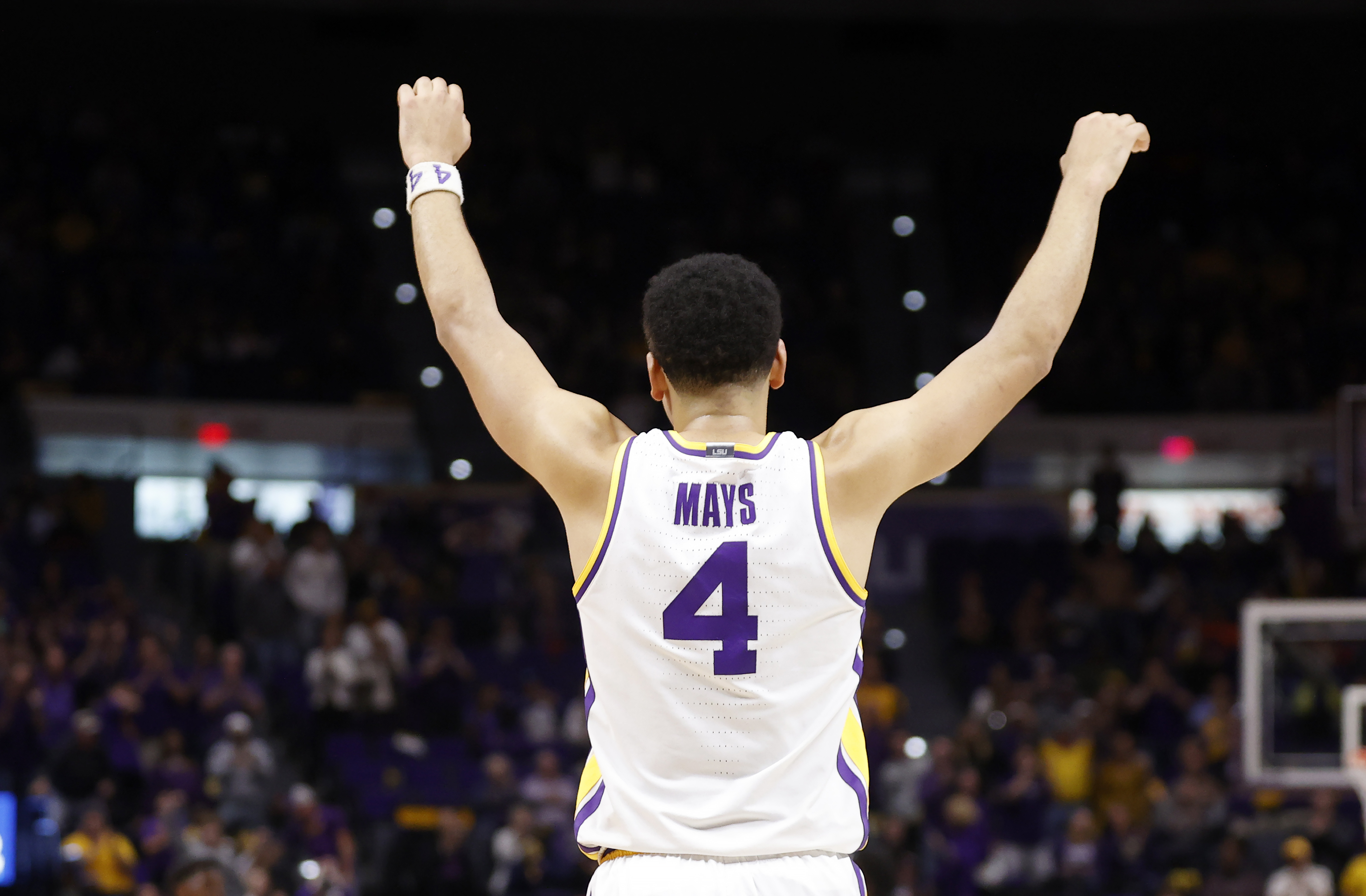 Mar 7, 2020; Baton Rouge, Louisiana, USA; LSU Tigers guard Skylar Mays (4) reacts to a play against Georgia Bulldogs during the second half at Maravich Assembly Center. 